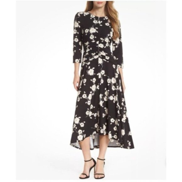 Maggy London Midi Dress 14 Black Pink Ivory Floral Ruched 3/4 Long Sleeve NEW - Picture 1 of 16